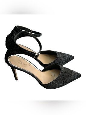 Mishka Black Crystal-Embellished Pointed Ankle-Strap Heels